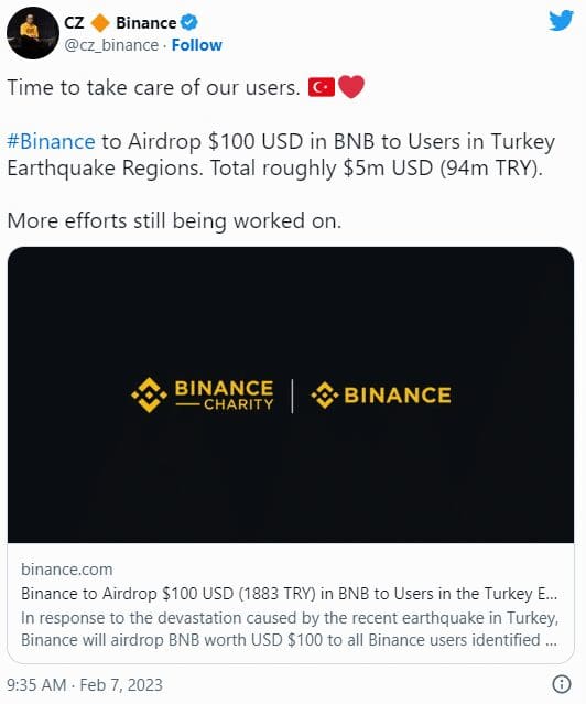 Binance will donate $100 in BNB token airdrops to users in the earthquake-affected region of Turkey