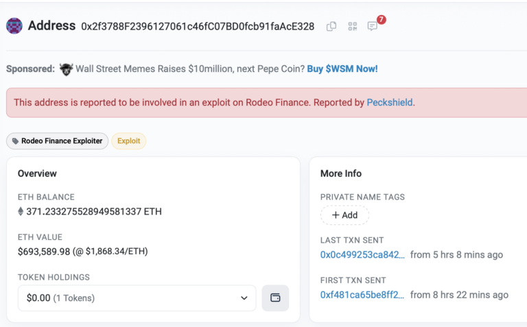 DeFi Protocol Rodeo Finance Hacked; $1.53 Million ETH Stolen