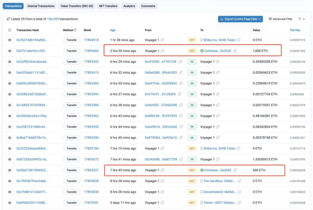 Coinbase Receives Token Transfer From Voyager