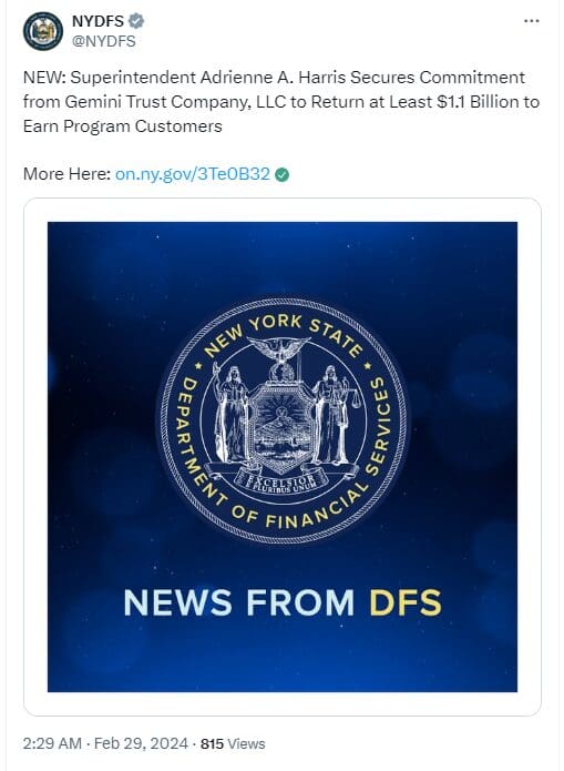 NYDFS and Gemini Strike Deal $1.1 Billion to be Returned to Earn Customers