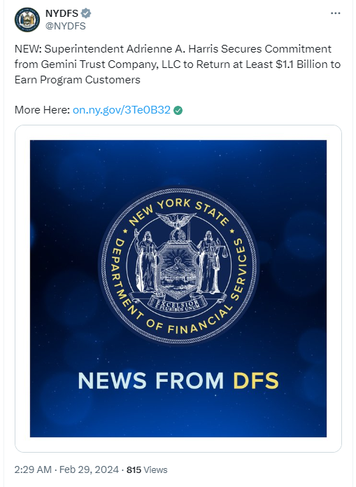 NYDFS and Gemini Strike Deal $1.1 Billion to be Returned to Earn Customers