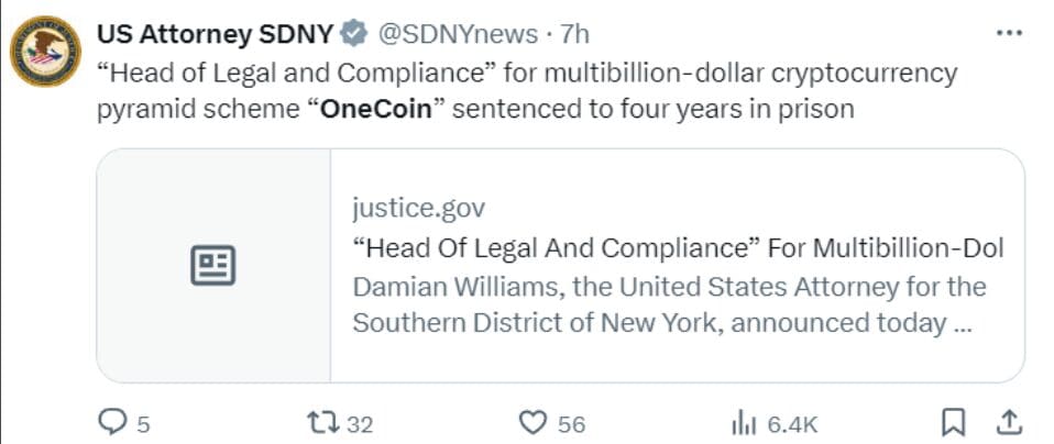 Former OneCoin Legal Chief Sentenced to 4 Years in $4B Crypto Scam