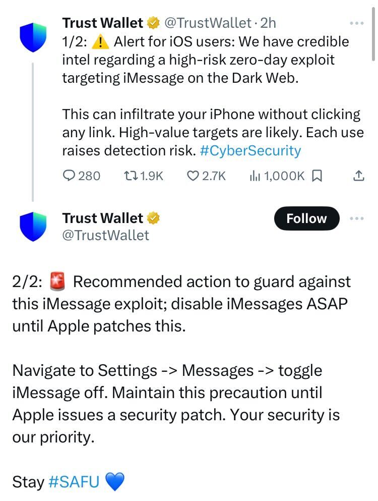 iMessage Threat: Trust Wallet Calls for Urgent Action Against Crypto Vulnerability