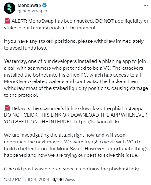 MonoSwap Hacked: Urgent Warning for Users to Withdraw Funds