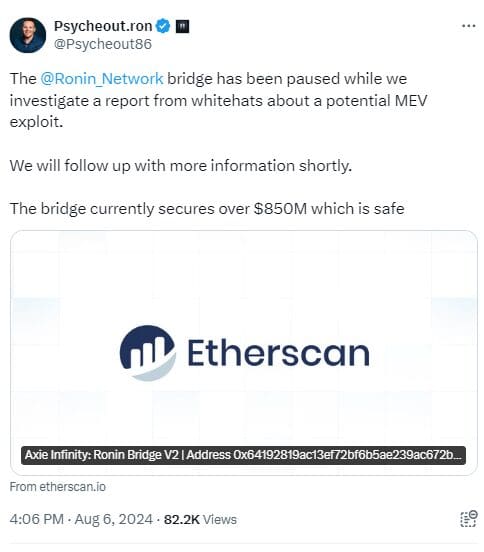 Ronin Bridge Halted Following $9M Whitehat Hack