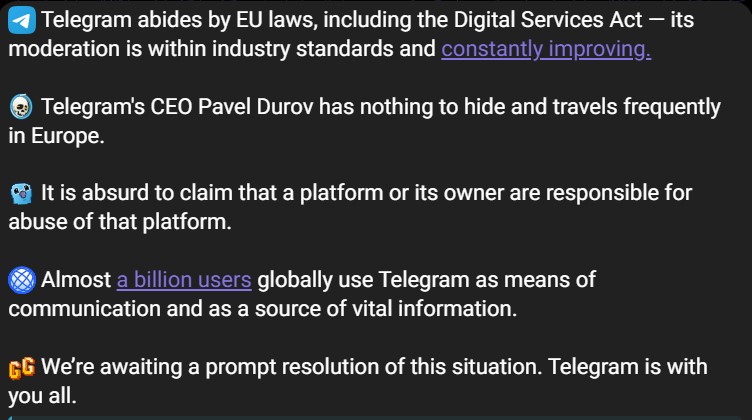 Telegram Releases Statement on Founder Pavel Durov's Arrest