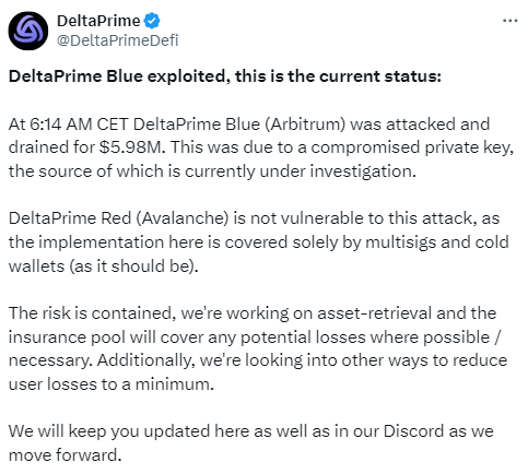 DeltaPrime Loses $6 Million in Arbitrum Network Hack